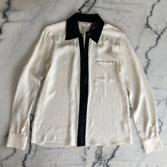 Parker Silk Blouse with Leather Collar and Trim - Picture 3 of 14